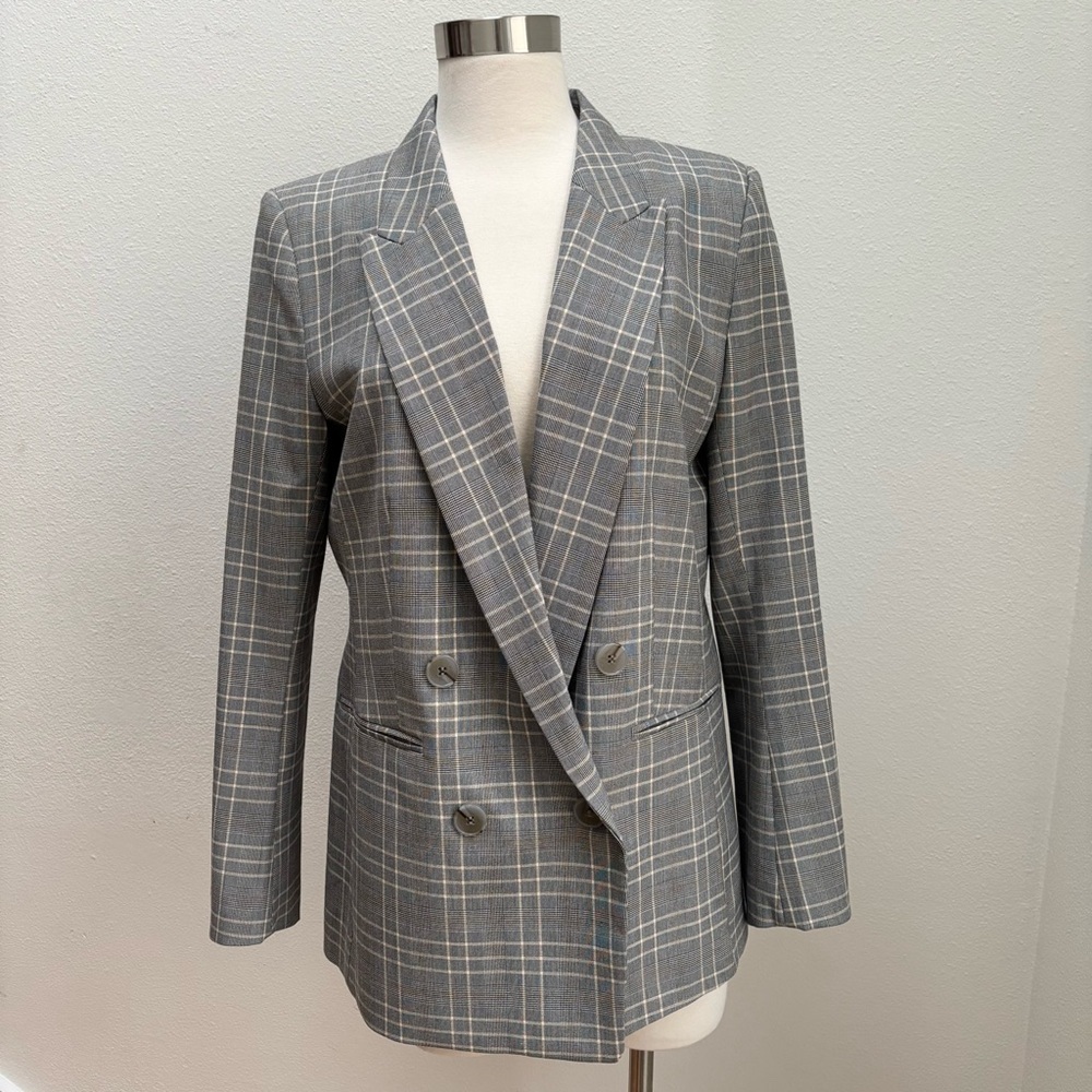 Plaid Double Breasted Blazer Checked Long Sleeve Lined Gray Taupe White Size 12